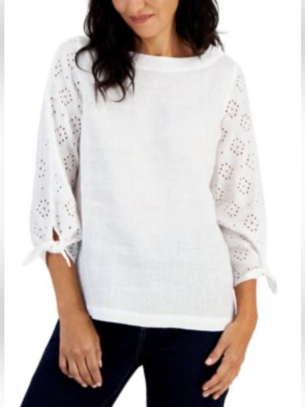 New 100% Linen Charter Club Luxury White Eyelet Tie-Sleeve Blouse Size XS - Picture 2 of 10